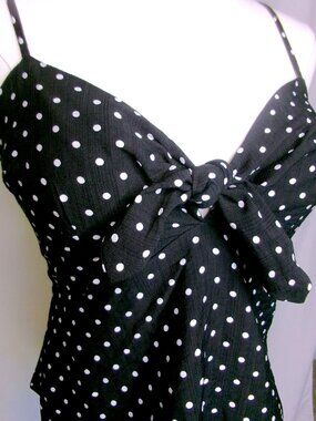 Monteau Black White Polka Dot Bow Front Peplum Cami Tank Top Small